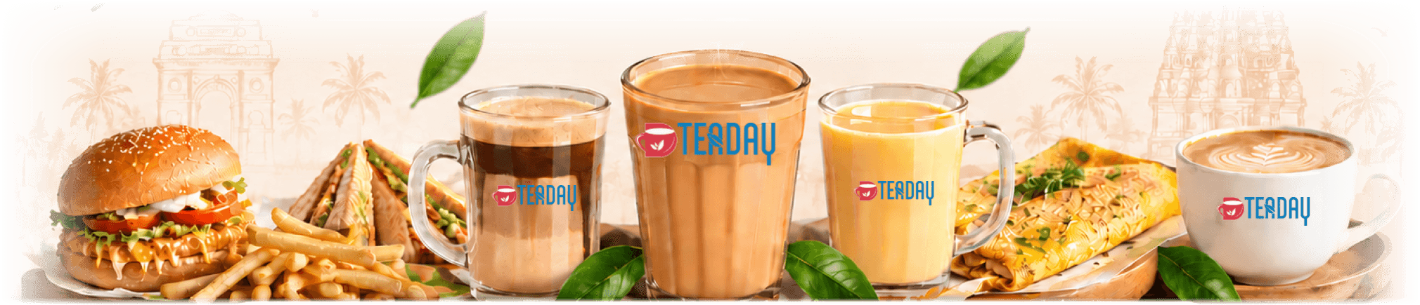 Tea Day chai, coffee, burger, sandwich and fries